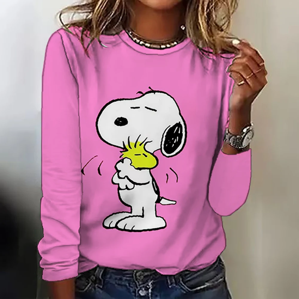 Kawaii Cartoon Women\'s T-shirt Cute Snoopy Round Neck Long Sleeve T-shirt Fashion Printed Large Casual T-shirt Autumn