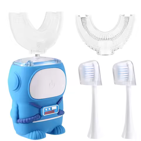 A74E-Kids Cartoon U-Shaped Electric Toothbrush - 360° Automatic Sonic Cleaning, USB Charging, Blue Light, IPX7 Waterproof