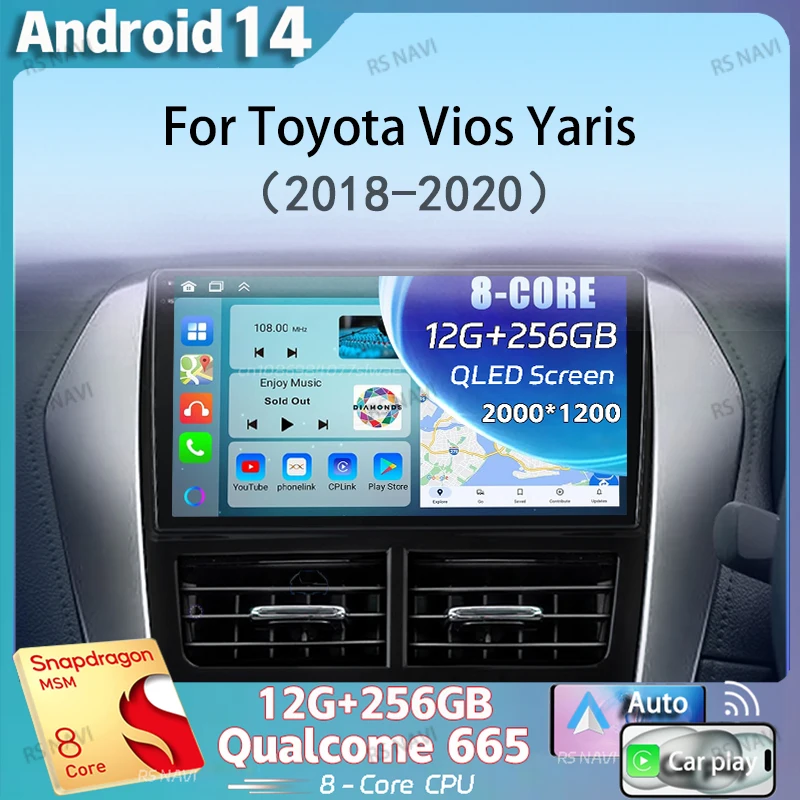 

Android 14 Carplay Auto Car Radio For Toyota Vios Yaris 2018 2019 2020 Navigation GPS Multimedia Player video Stereo wifi+4G BT