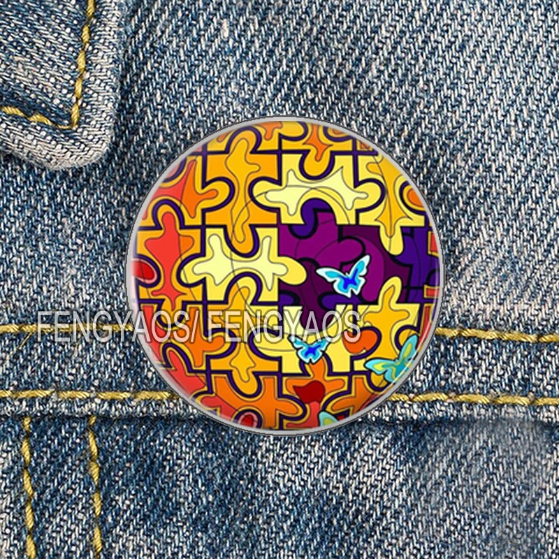 Stainless Steel Autism Awareness Badge Autistic Symbol Brooch Fashion Backpack Decoration Pins Round Jewelry Women Gift