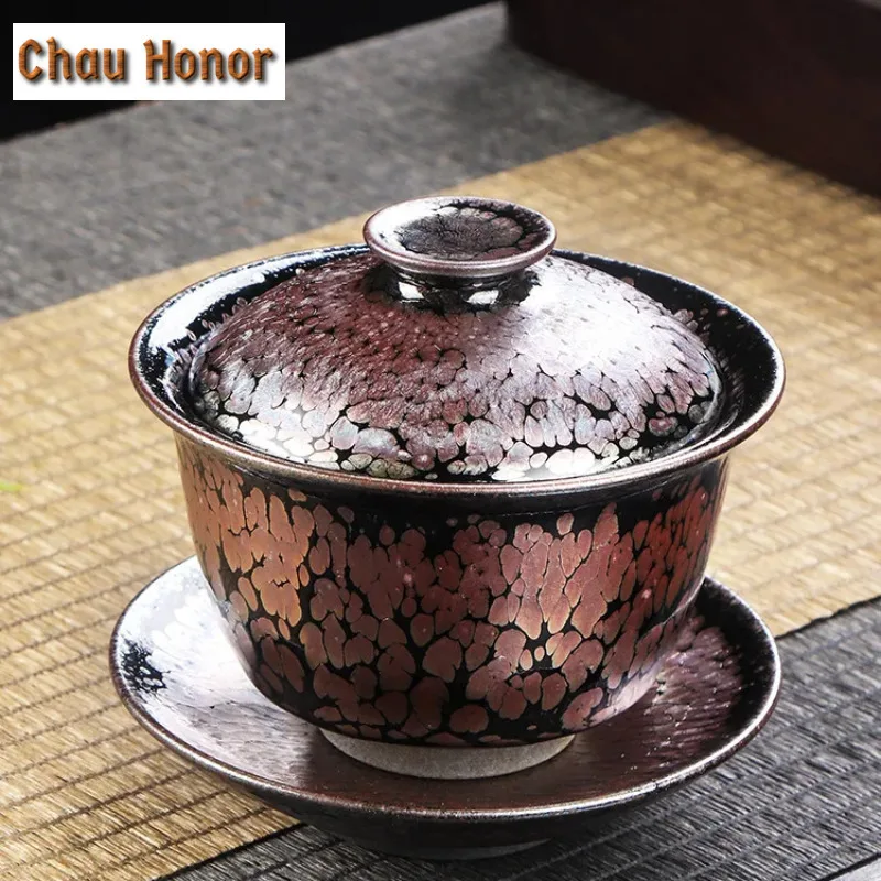 150ml Boutique Oil Droplets Raw Ore Iron Tire Jianzhan Ceramic Sancai Gaiwan Handmade Tea Tureen Kung Fu Tea Bowl Gift Packaging