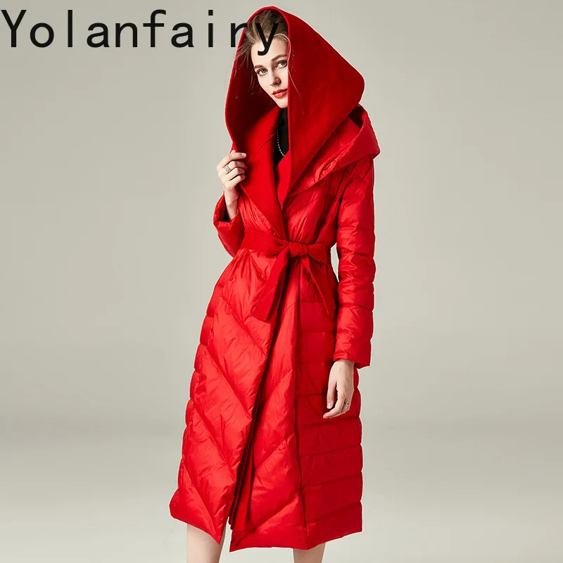 YOLANFAIRY Warm 90% Witte Eend Donsjack Vrouw Herfst Winter 2025 Grote Maat Dames Lange Puffer Jas Capuchon Warme Zwarte Parka's