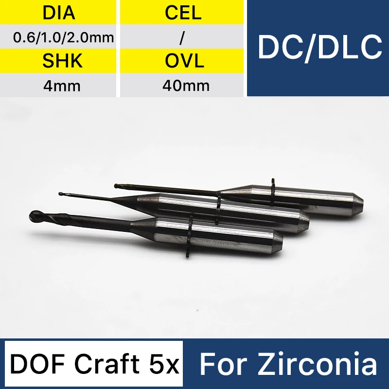 DOF Craft 5X Fresa D4 Zirconia Milling Bur Diamond Coating DC/DLC 0.6/1.0/2.0mm