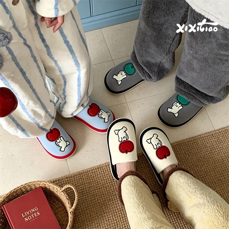 Slippers Men Women Fashion XIXITIAO Winter Cartoon Home Colorblock Cute Apple Soft Platform House Shoes Antislip Indoor Footwear