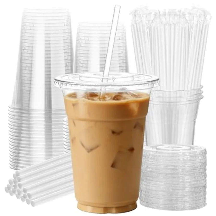 25 Pack 16oz Leak-Proof Clear Plastic Cups with Lids and Straws Disposable Iced Coffee Cups, BPA-Free PET Cold Drink Tumblers f