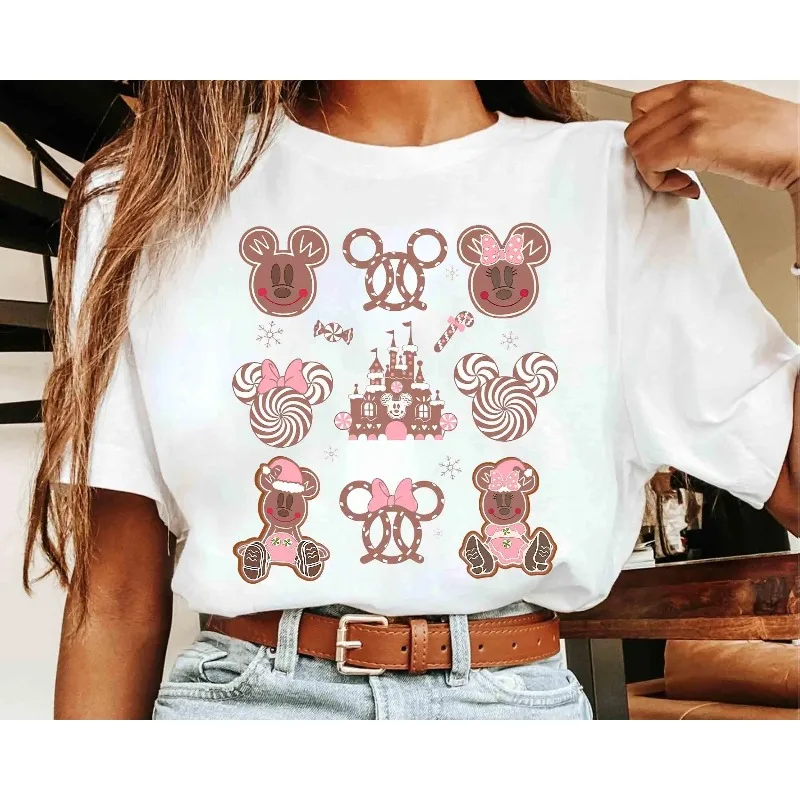 Camicia rosa natalizia con fiocco coquette Topolino e Minnie Gingerbread Castle Camicia unisex con fondo per tutte le stagioni in puro cotone