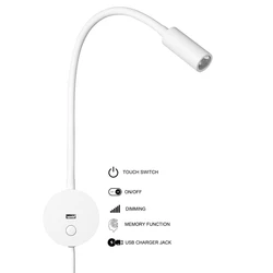 Tokili plug in branco luz de leitura cabeceira lâmpada toque ligar/desligar/dimmer interruptor led carregador usb níquel decoração do quarto arandela