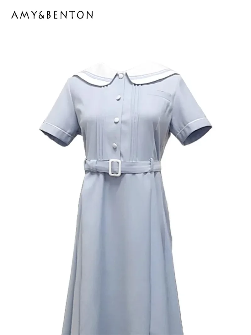 

2024 Japanese JK Uniform Light Blue Lotus Leaf Collar Short Sleeve Medium Long Waist Skinny Dress For Girls