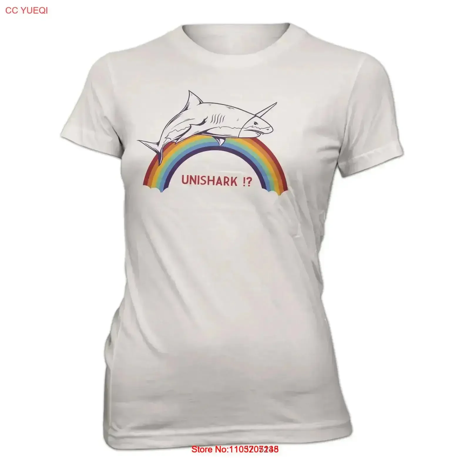 تي شيرت نسائي بقصة ضيقة Unicorn Shark Is Unishark Rainbow جديد S XXL USG1117 عتيق مغسول جرافيك قليلا أنيق ممتد