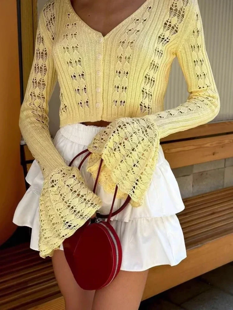 

Летний вязаный лоскутный кардиган, топ, трикотаж, ажурный свитер, кардиган, женский прозрачный укороченный топ с v-образным вырезом и длинными рукавами