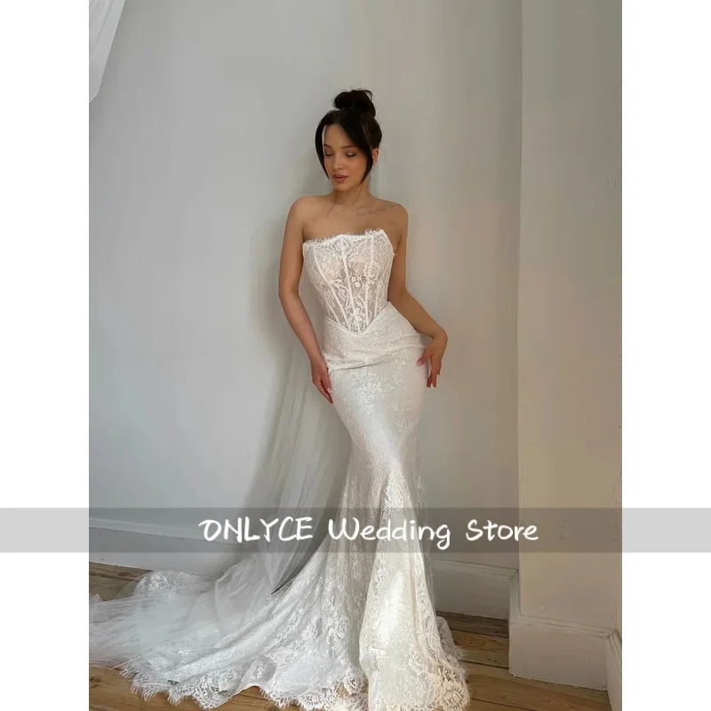 Custom Detachable Bell Long Sleeve Lace Mermaid Wedding Dress Strapless Corset Bodice High Neck Jacket Two Piece Bridal Gown