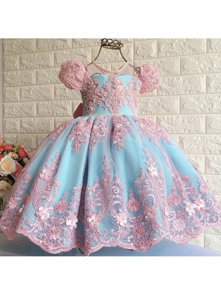 فساتين فتاة الزهور الرائعة المخصصة لحفلات الزفاف مزينة باللؤلؤ مع فيونكة لحفلات أعياد الميلاد للأطفال وحفلات التواصل الأول
