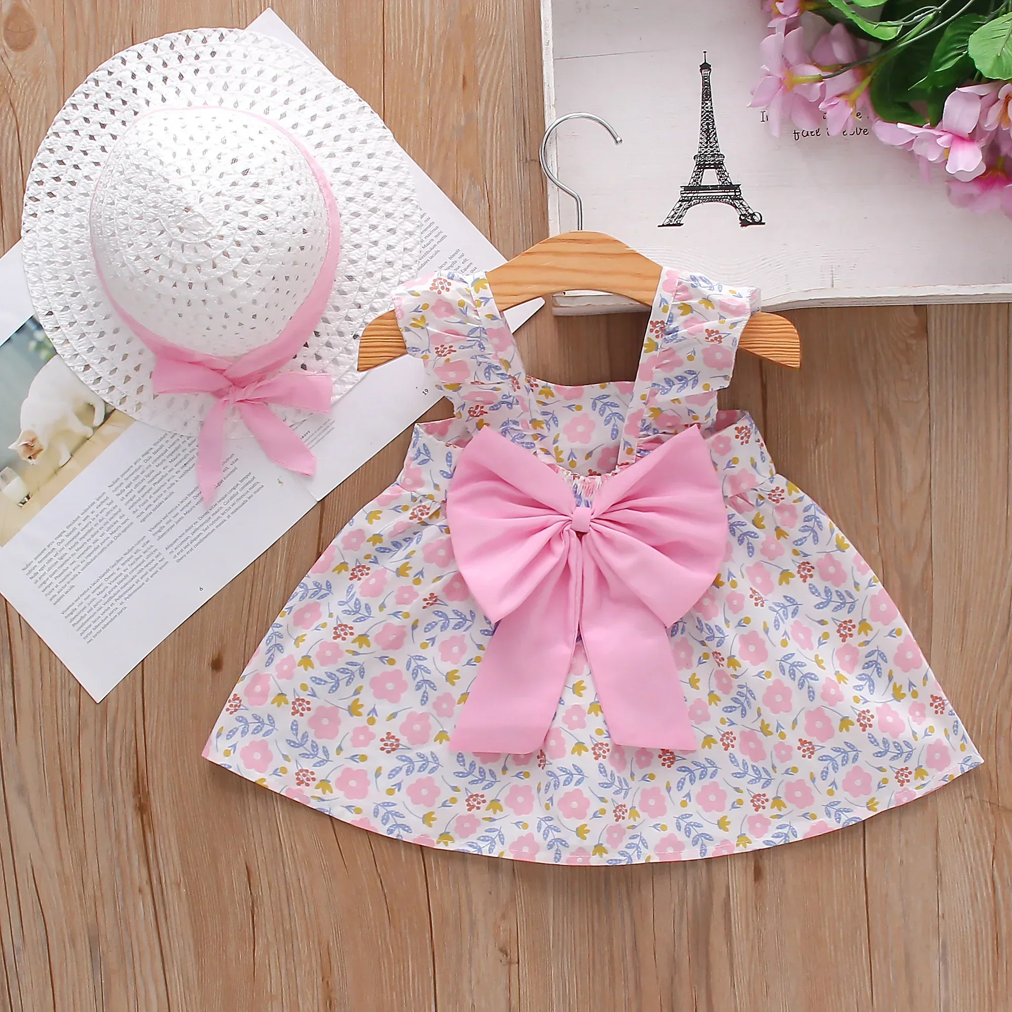 (Girls 0-3 Years Old) Two-piece Dress Summer New Dress Flower Print Bow A-Line Dress Halter Small Flying Sleeves