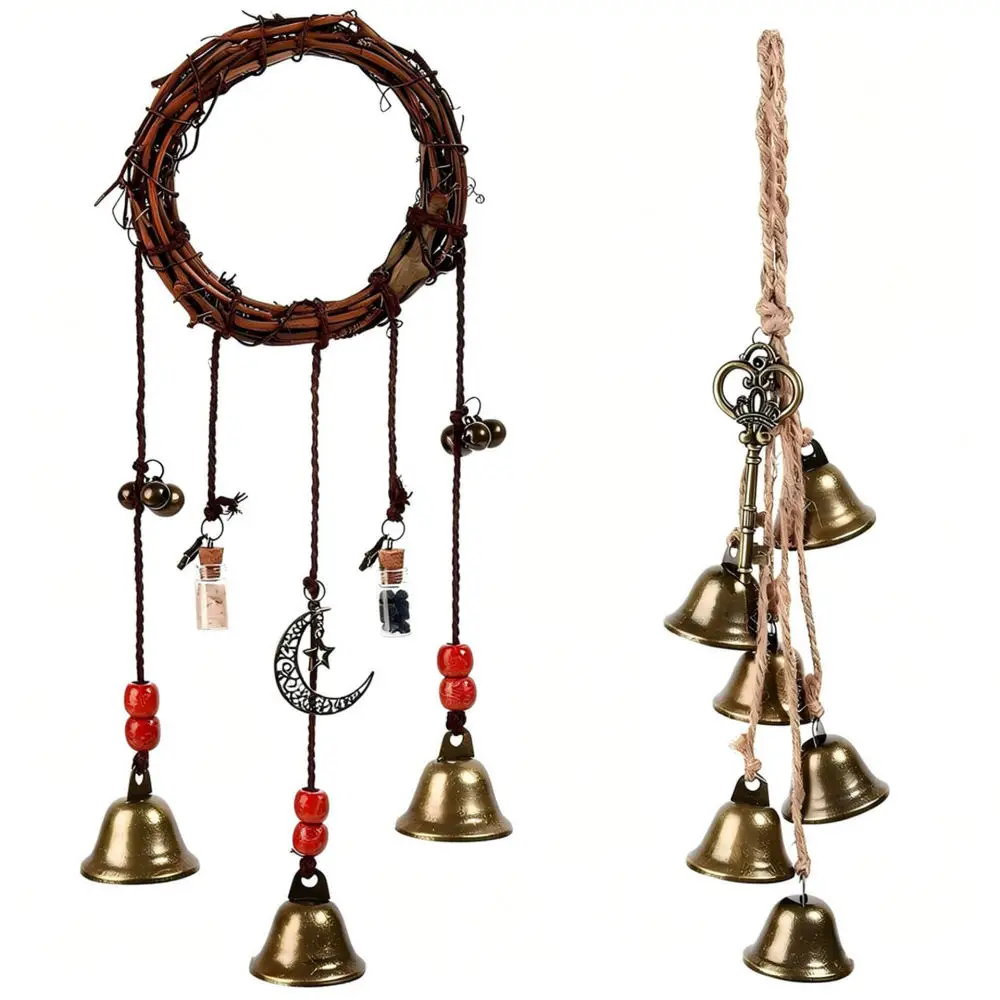 Handmade Bronze Bell Wind Chime Rustic Rattan Ring Hanging Pendant Aesthetic Home Decor For Wall Doorway Porch Gift