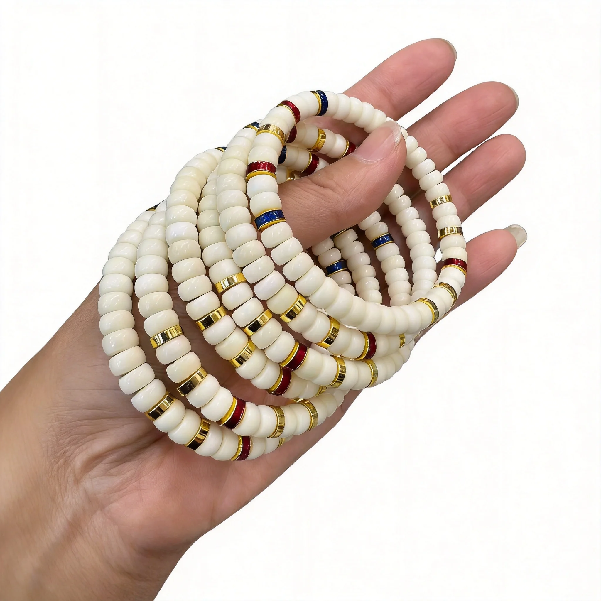 Chinese Style Good Luck White Bodhi Seed 4*7 Flat Beaded Bracelet Polished Brass Accent Buddhist Prayer Bracelet For Blessing