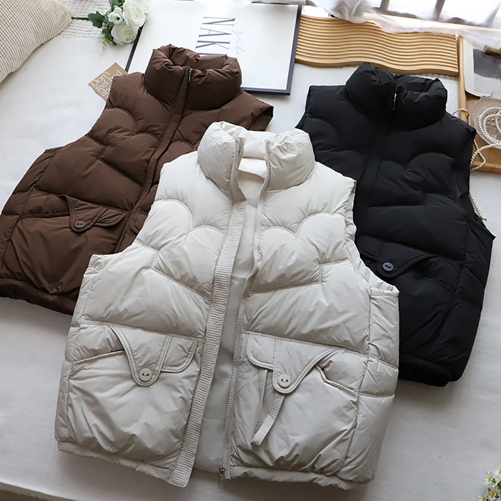 Solid Color Stand Collar Cotton Padded Vest Women's Casual All-Match Loose Zipper Vests Outerwear Thick Warm Sleeveless Coats