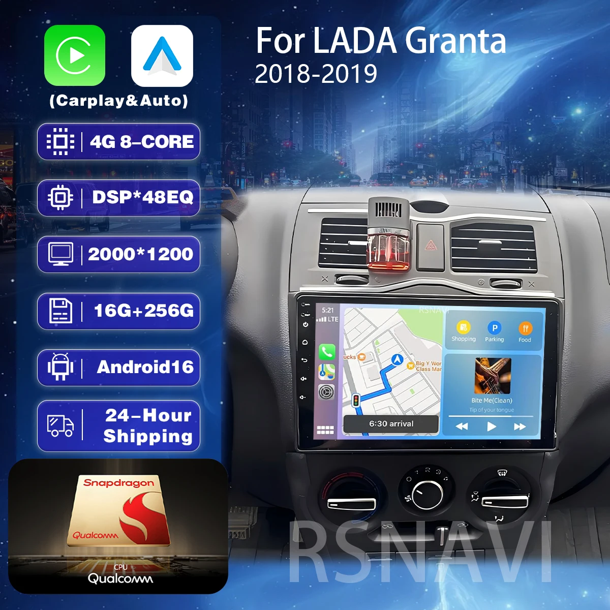 Автомагнитола RSNAVI Android 16 для LADA Granta 2018-2019 с Carplay, Auto, Qualcomm, 2K QLED экраном, Bluetooth и камерой 360°