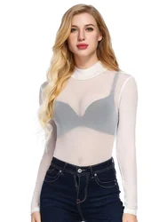 Women Sexy T-shirt Perspective Outfit Ultra-thin Mesh Elastic Top Base Undershirts Tight Fit Long Sleeved O-neck Spring Summer