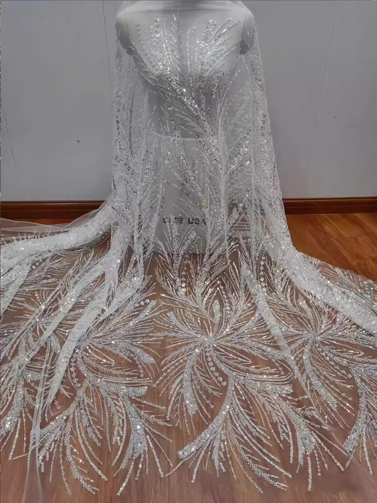 

1yard New soft mesh fabric Silver Bead and Sequin Vine Chain Clause telas Wedding Dress cheongsam fabrics for clothing