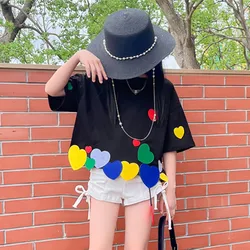 Lovely Girls T shirt Summer Clothing Black Tees Colorful Love Hearts Design Short Sleeve T-shirts Cotton Casual shirt Loose Tops