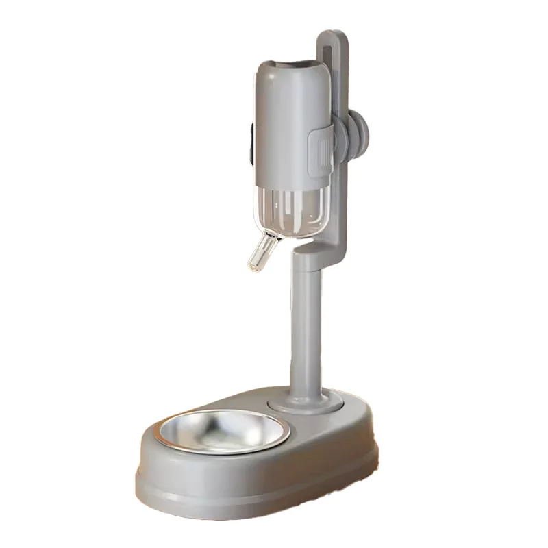 Grey Multi-functional Vertical Pet Water and Food Feeder, Height Adjustable, Detachable and Washable, Leak-proof