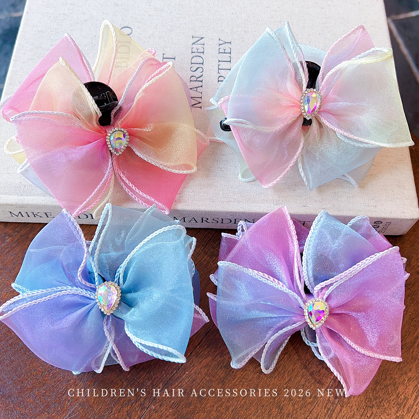 Neue elegante Haarspangen mit Farbverlauf, Tüll, Schleife, Schmetterling, Kristall, für Damen, Mädchen, Kinder, Kleinkinder, Party, Hochzeiten, Geschenk, Mode-Accessoires – Detail 4