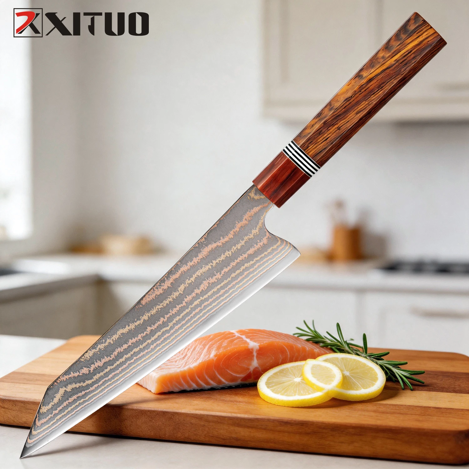 XITUO 8 Inch  Kiritsuke Knife, 37-layer Copper Damascus Steel Sharp Kitchen Chef Knife for Cut Meat, Vegetables, Rosewood Handle