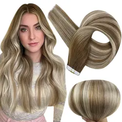 Extensiones de cabello Natural para mujer, cinta de Cabello 100% Remy, 20 piezas degradado, 50g, Balayage, pegamento Rubio sin costuras