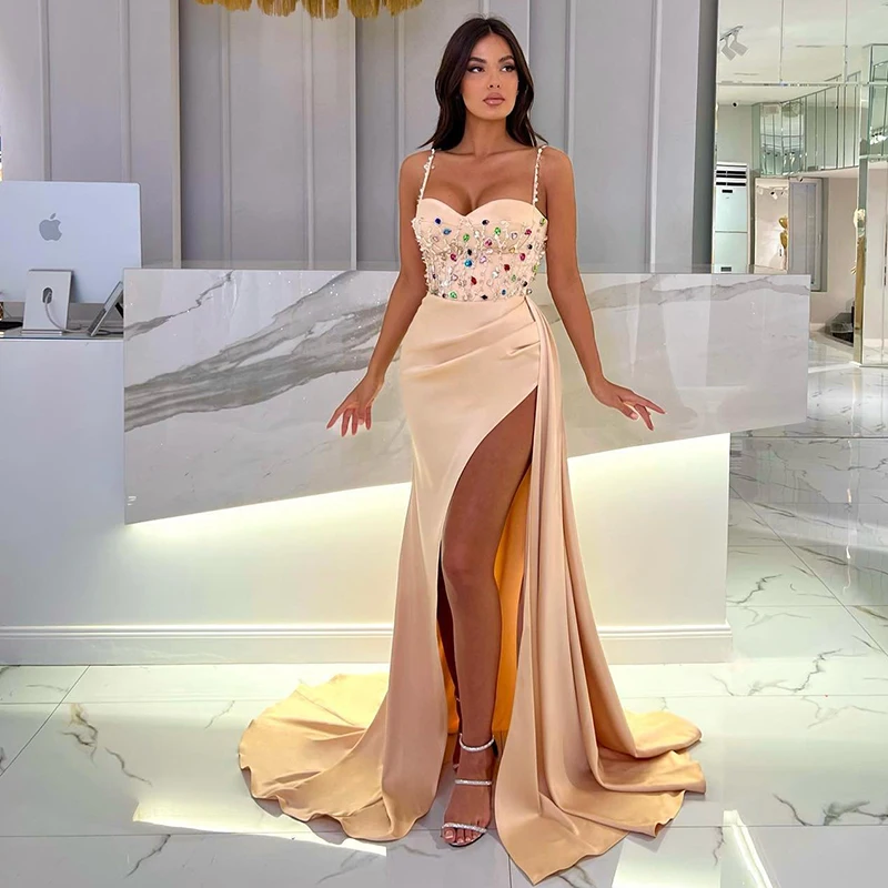 

Eightree Sexy Mermaid Prom Dresses Beadings Side Slit Satin Evening Dress Formal Floor Length Cocktail Party Gowns Custom Size