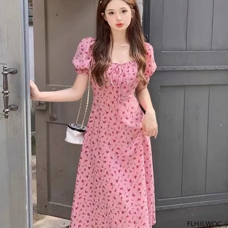 Korean Chic Dress Elegant Temperament New 2023 Woman Japan Floral Print V Neck A Line Lace-Up Bow Tie Retro Vintage Cute Dress