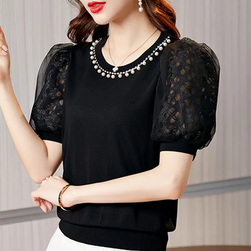 Fashion O-Neck Beading Lace Hollow Out Puff Sleeve Blouse Women Clothing 2023 Summer Oversized Casual Tops Office Lady Shirt