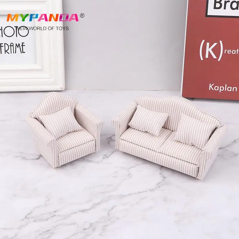 

Dollhouse Miniature Striped Furniture Sofa With Pillow Sofa Model Furniture Scene Toy Doll House Decor Accessorie