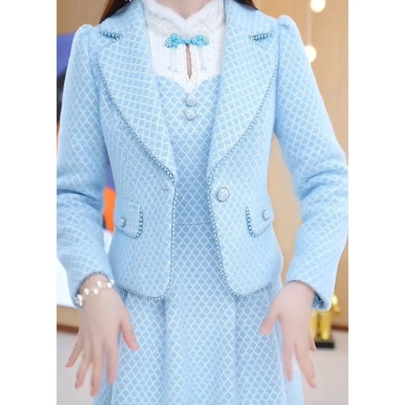 Moda terno colarinho jaqueta de emagrecimento + colete saia feminina outono 2025 novo elegante e engrossado conjunto de duas peças