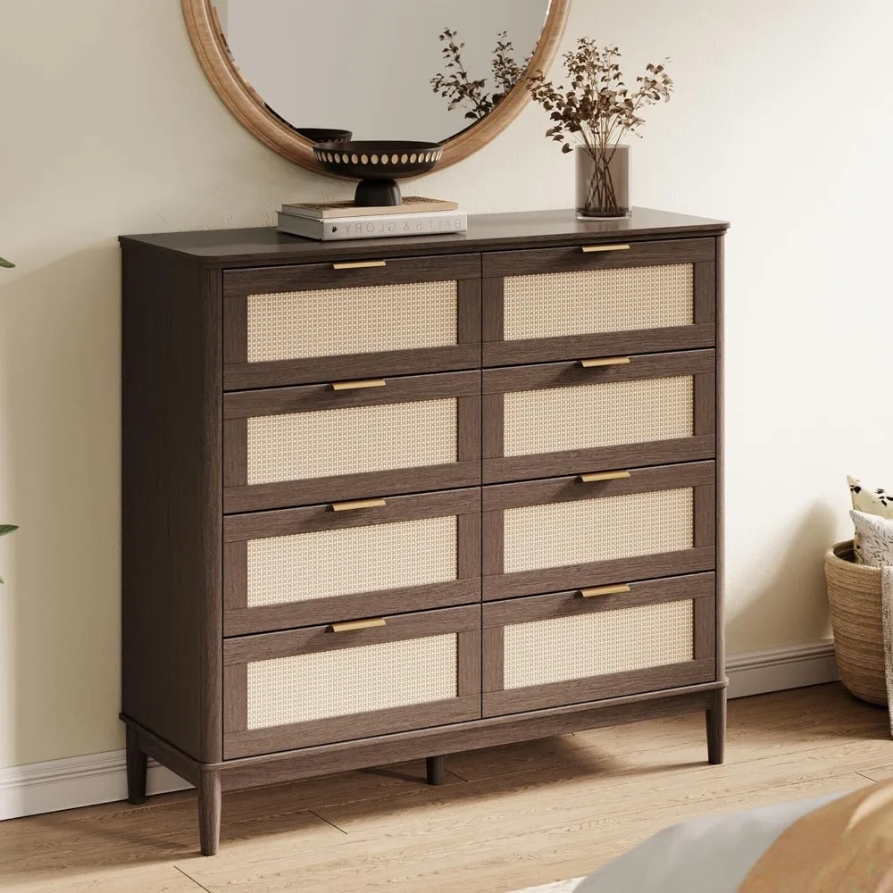 LINSY HOME Rattan Dresser for Bedroom with 8 Drawers, 54 Wide Chest of Drawers, Mid Century Modern Dresser TV Stand with Metal H