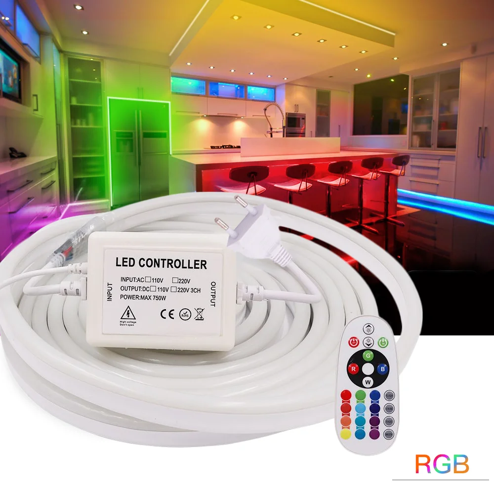 

220V Neon Light Sign SMD5050 60Leds/m RGB Neon Rope Lights Remote Control Waterproof Neon Tape 2835 120Leds/m Flexible LED Strip