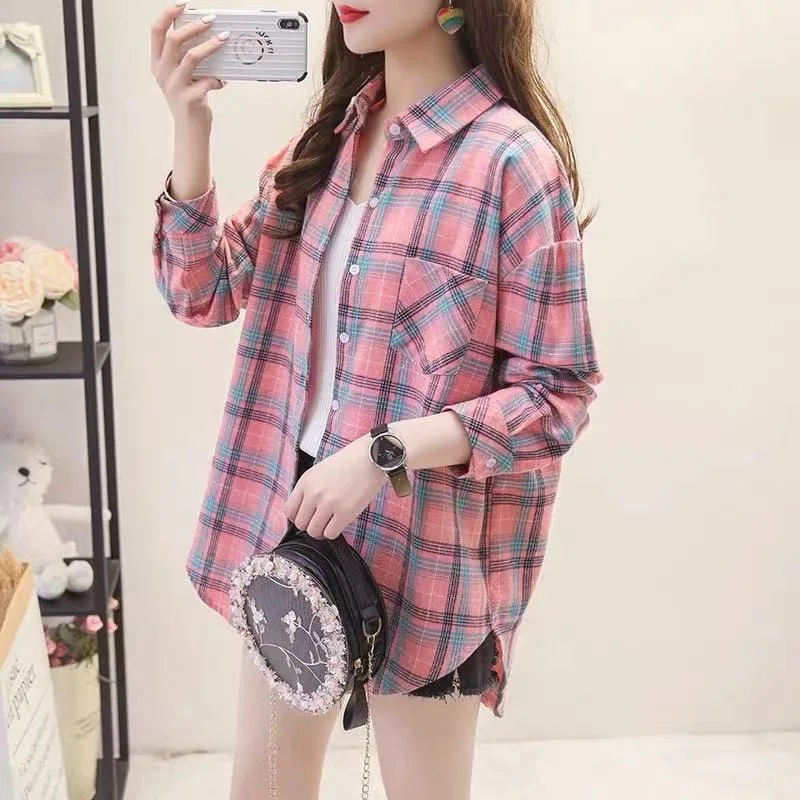 2025 Spring Autumn Fashion Korean Plaid Shirt Women Plus Fleece Blouse Loose Everything Long Sleeve Sun Protection Clothes Top