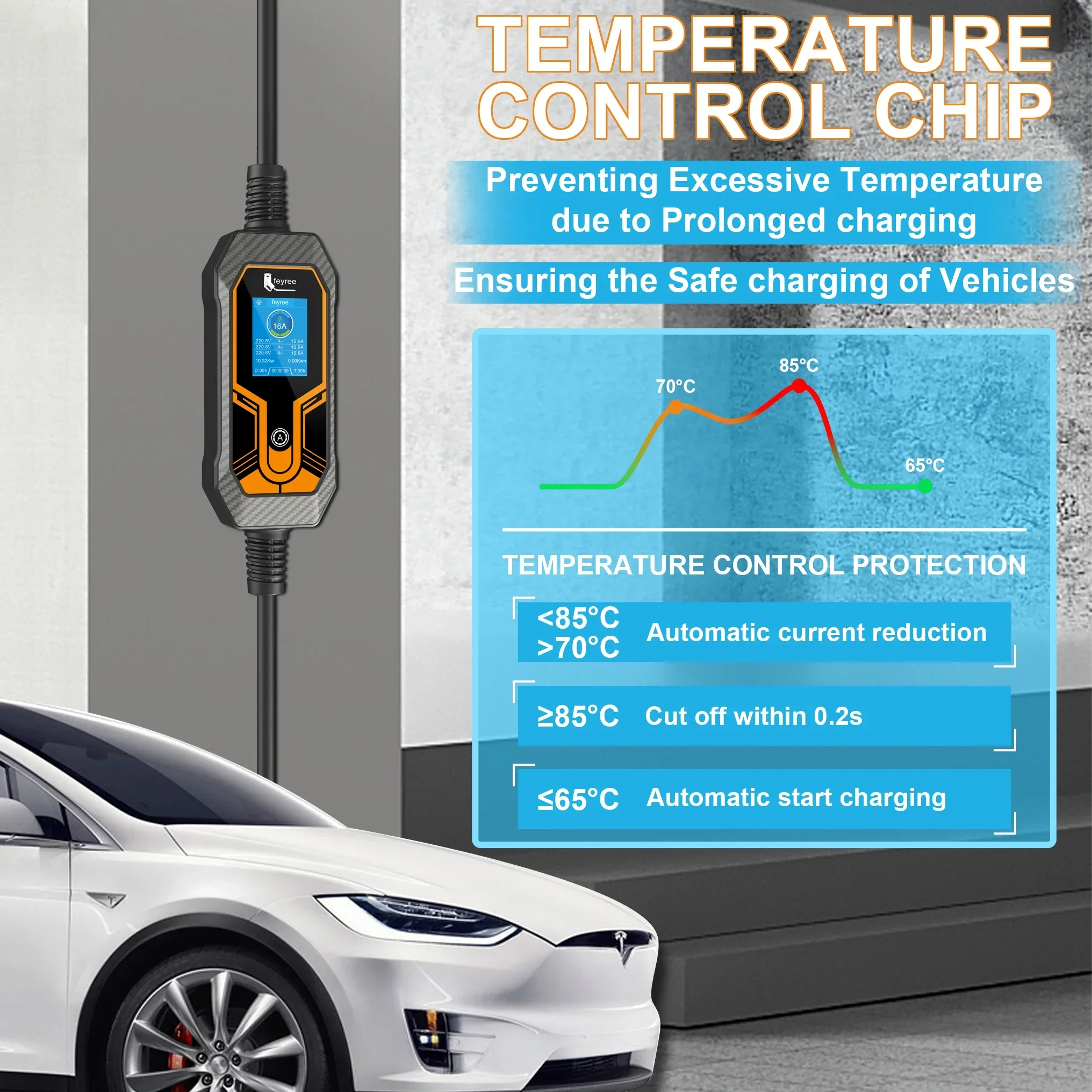 feyree EV Charger Portable Type2 11KW 16A 3 Phase EVSE Charging Box Current Adjustable CEE Male Plug for Electric Car Charger