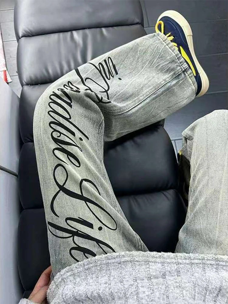 

Blue Lightning Print Letter Men's Jeans High Street Sle Straight Leg Micro Flare Trousers for Autumn Winter Casual Wear