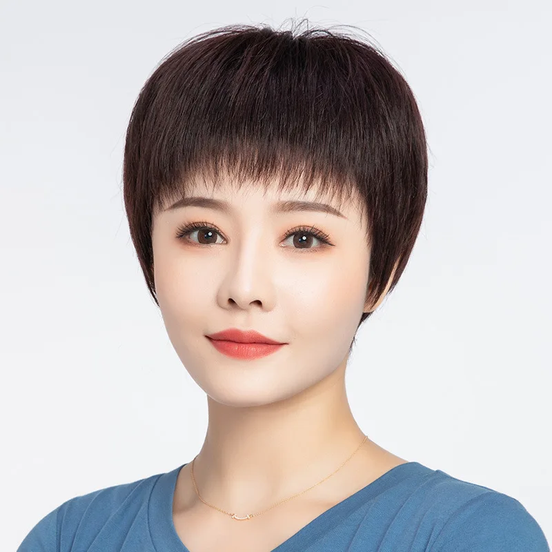 شعر بشري قصير نمط شعر مستعار للنساء الآسيويات في منتصف العمر وكبار السن آلية شعر مستعار طبيعي واقعي تنفس 2 ألوان الاستخدام اليومي #5