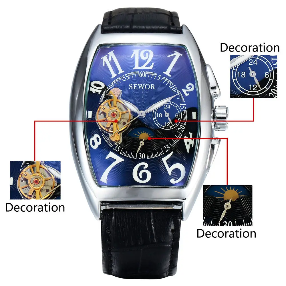 Mechanical Automatic Self Wind Wrist watch Sewor Brand Fashion Mens Tonneau Analog Watch Nice Gift