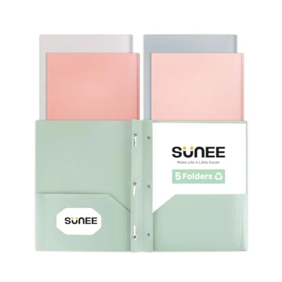 Pocket Folders with Prongs 5 Pack, Vintage Colors Recycled Plastic Folders with Pockets and Prongs Fit Letter Size, Poly Folder