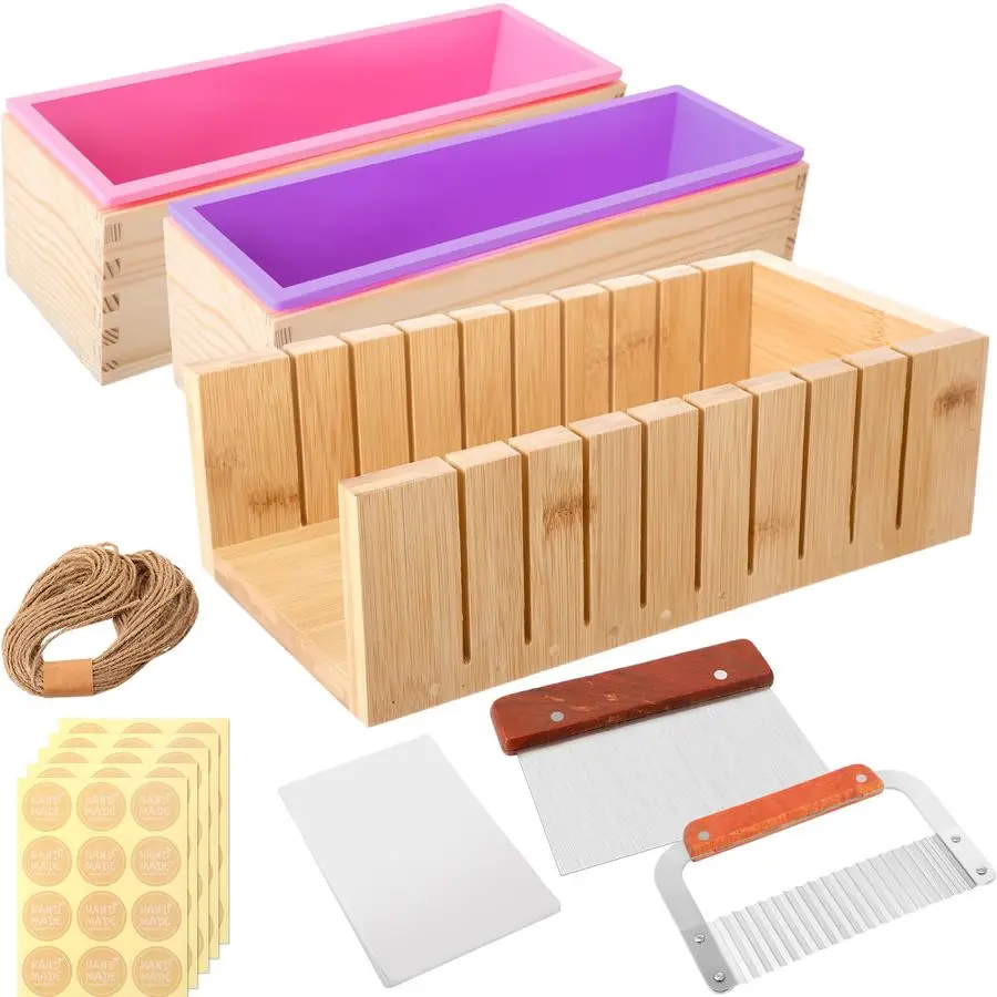 

2 Pcs Soap Molds Making Kit 42 oz Silicone Loaf Soap Mold Set with Stainless Steel Wavy amp Straight Slicer 50 Bags 60 Stickers