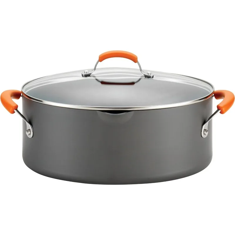 

Hard-Anodized Nonstick Oval Pasta Pot / Stockpot with Lid and Pour Spout, 8-Quart, Gray with Orange Handles