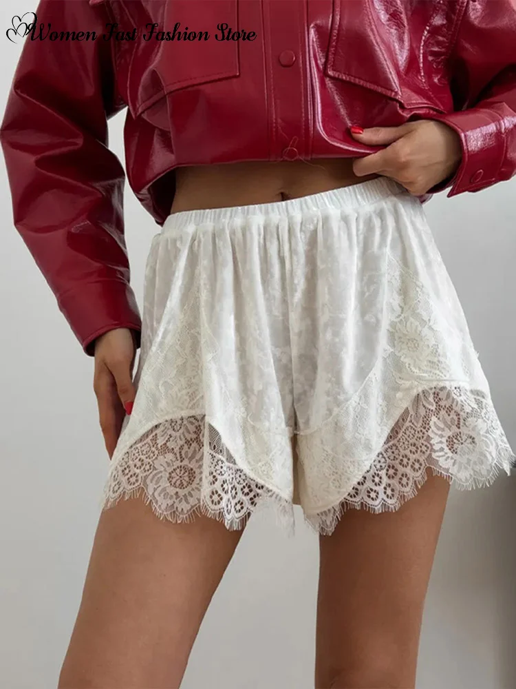 Sexy Lace Splicing Velvet Short Pants Women's Loose Elastic Waist High-waisted Mini Shorts 2026 Summer New Female Streetwear - Image 5