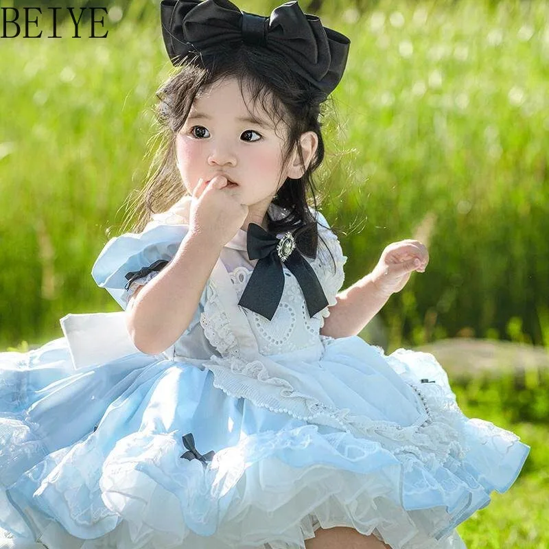 Girls Lolita Dress Kids Princess Puff Sleeve Lace Tutu Dress Toddler Birthday Party Formal Gown Baby Vintage Bow Costume