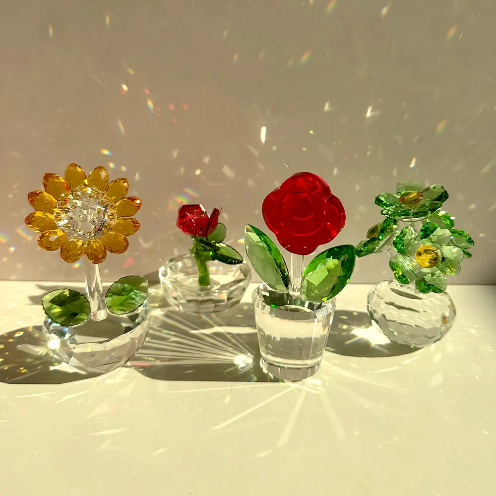 Highend Crystal Rose Flower Figurines Glass Flower Statue For Home Wedding Room Table Decor Girl Gift