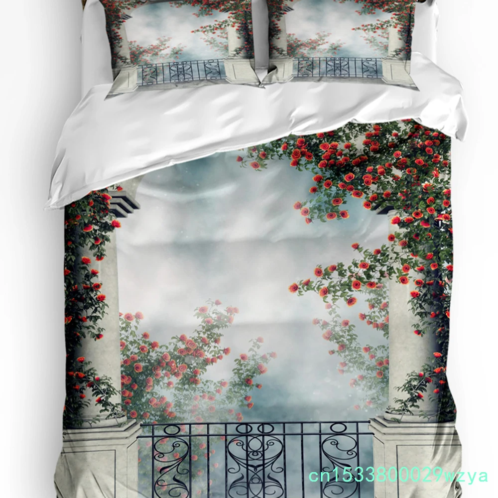 Balcony Rose Flower Vine Arch Fog Bedding Set 3pcs Duvet Cover Pillowcase Kids Adult Quilt Cover Double Bed Set Home Textile