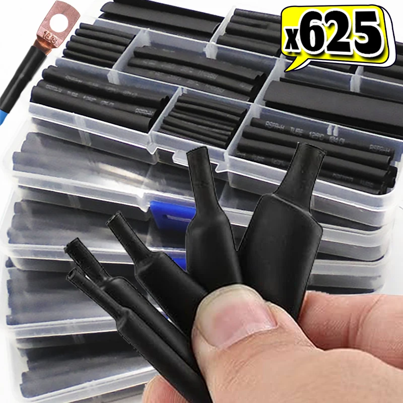 

625pcs/box Heat Shrink Tubing Kit Black Adhesive Lined Wire Shrink Wrap Tube Industrial Wire Connector Cable Sleeves Protecter