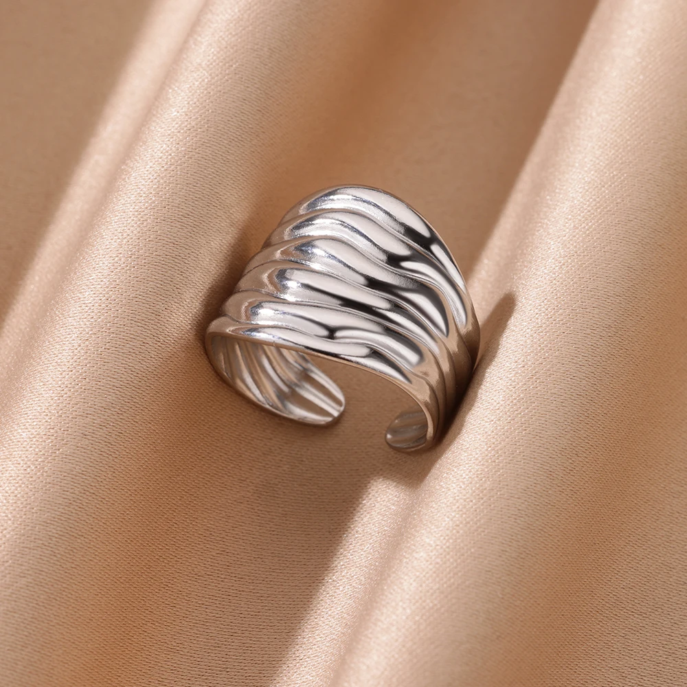 Punk Fashion Multi-line Waves Wide Opening Rings For Women Men Gold Color Stainless Steel Ring Wedding Couple Jewelry Daily Gift