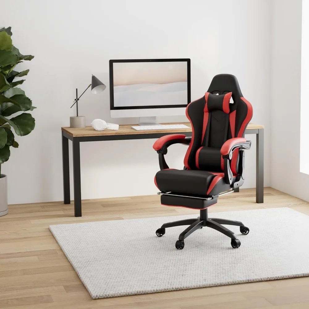 

Gaming Chair with Massage Lumbar Support & Footrest, PU Leather, E-Sports Gamer Chairs, Ergonomic Racing Style Recliner